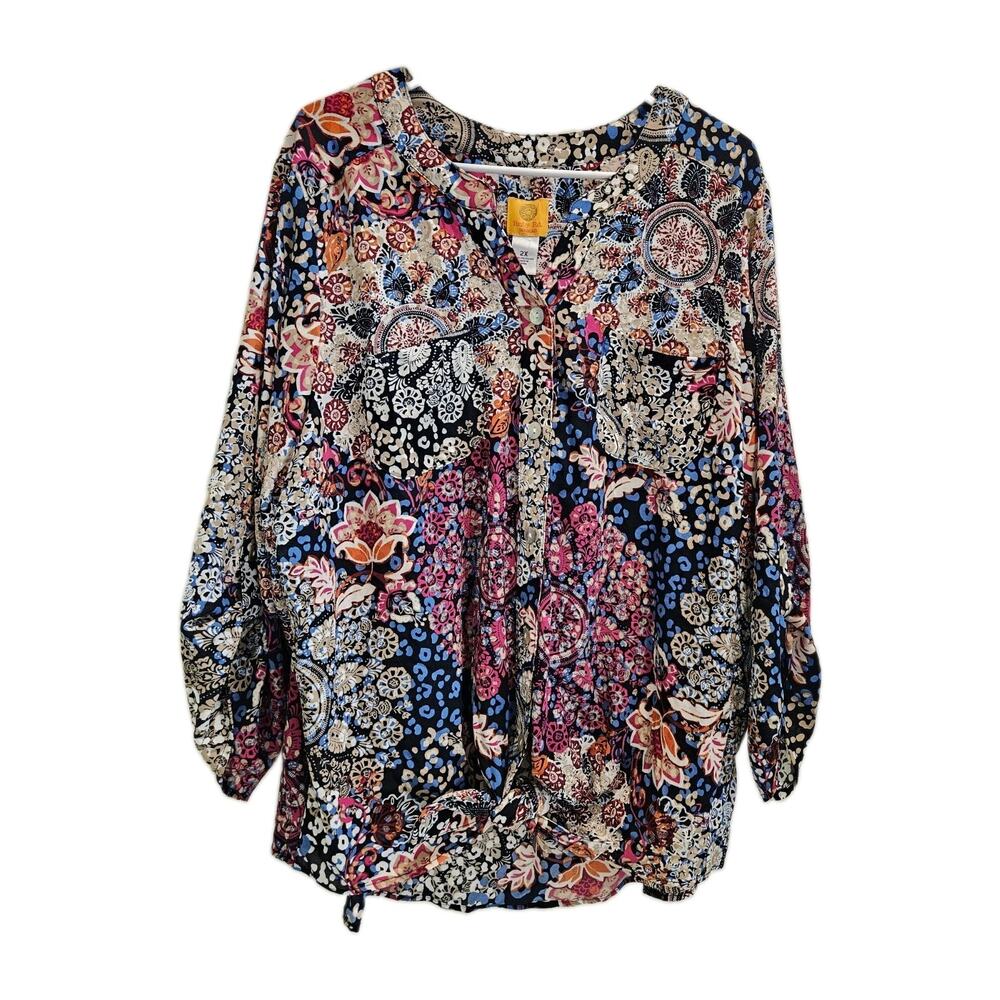 LN Ruby Rd Woman 3/4 Sleeve V-neck Roll Tab Sleeve Tunic Blouse Size 2x Multi